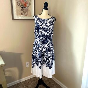 Talbot floral print, navy and white summer party dress. Lined .